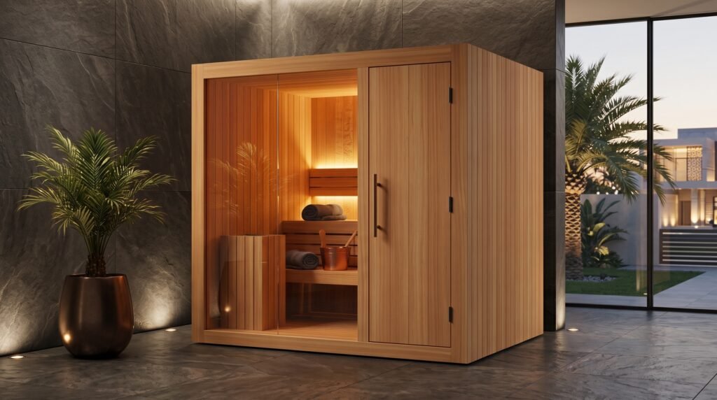 Custom wood sauna inside a private wellness suite