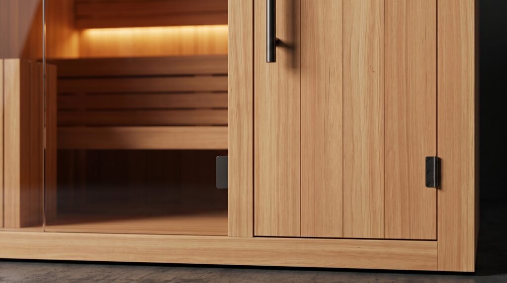 Close view of sauna wood and a door pull