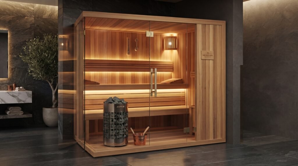 Interior of a traditional Finnish sauna with tiered benches