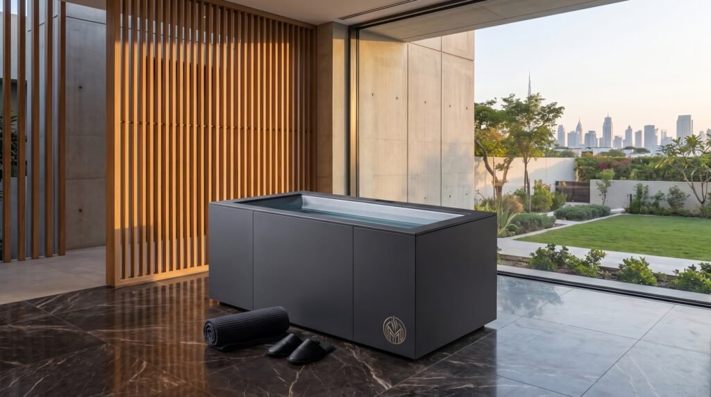Cold plunge placed in a private villa wellness room